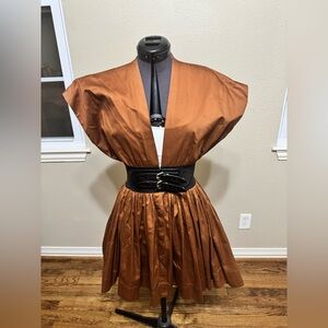 Burnt Orange Deep V Dress with built-in elastic and leather Black Belt detailing